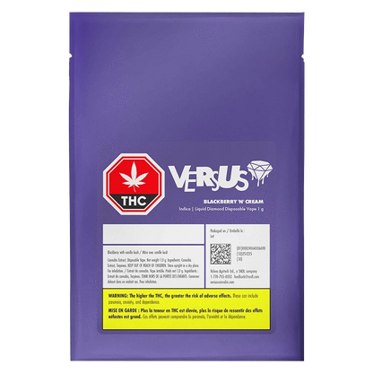 Front-facing shot of the purple packaging for the Versus Blackberry 'n' Cream Liquid Diamond Disposable Vape with THC warning labels and QR code at the bottom