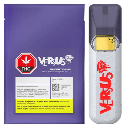 Right-side view of the Blackberry 'n' Cream Liquid Diamond Disposable Vape by Versus showing its purple mouthpiece and silver body with red "VERSUS" logo next to the matching purple packaging.