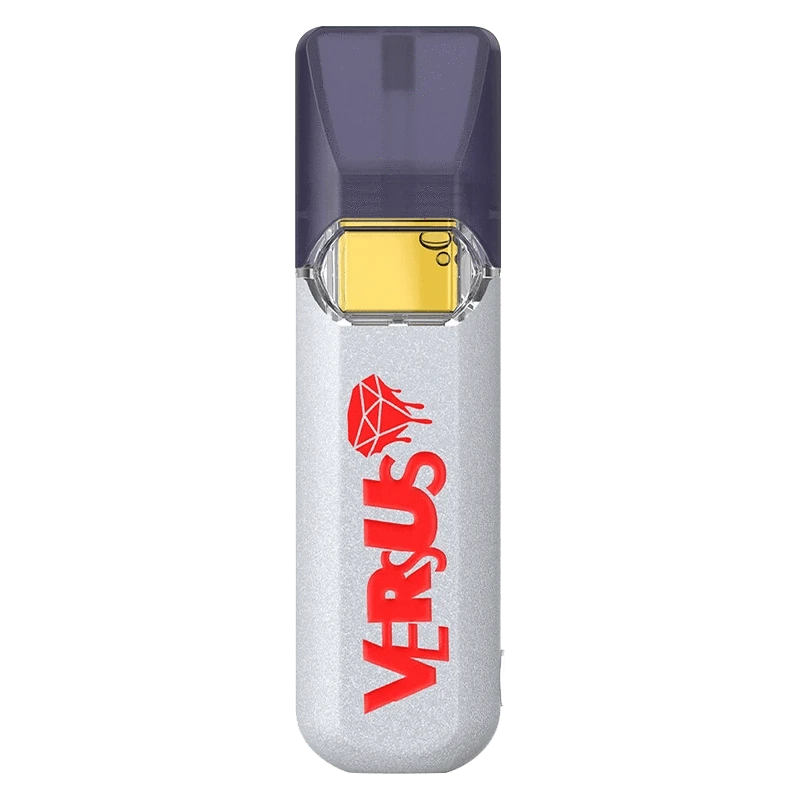 Top-down view of a silver disposable vape with a translucent purple mouthpiece, showing the red VERSUS logo and the Blackberry 'n' Cream Liquid Diamond Disposable Vape name.