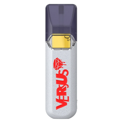Top-down view of a silver disposable vape with a translucent purple mouthpiece, showing the red VERSUS logo and the Blackberry 'n' Cream Liquid Diamond Disposable Vape name.