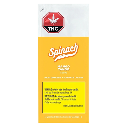 Straight-on view of the Mango Tango Liquid Diamonds Vape Cartridge packaging with a yellow Spinach label and red THC symbol at the top.