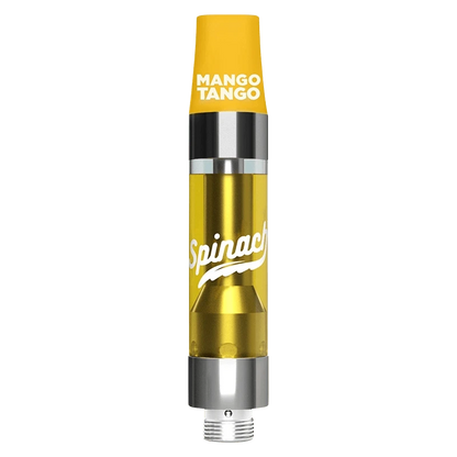 Straight-on view of the Mango Tango Liquid Diamonds Vape Cartridge with a yellow mouthpiece and translucent golden chamber showing the Spinach logo.