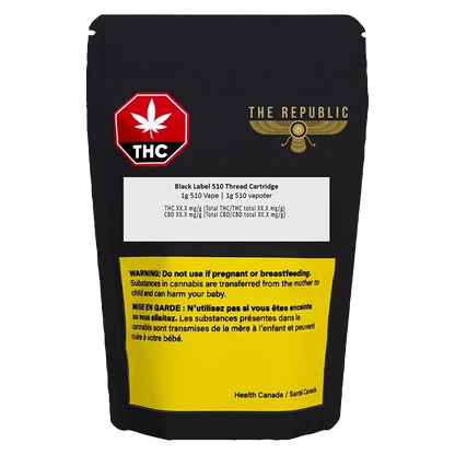 Front-facing pouch shot of the Black Label Vape Cartridge packaging showing a black bag with a red THC symbol, gold "The Republic" logo, and a yellow warning panel.