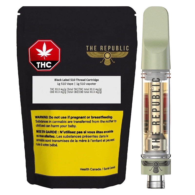 Front-facing image of the Black Label Vape Cartridge pack and a clear cartridge with "THE REPUBLIC" visible on the tank.