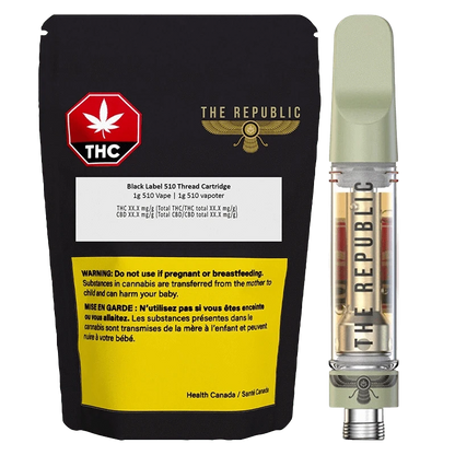 Front-facing image of the Black Label Vape Cartridge pack and a clear cartridge with "THE REPUBLIC" visible on the tank.