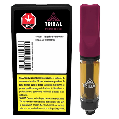 Front view of the Porto Leche Live Resin Vape Cartridge by Tribal next to its black and yellow warning box, showing the maroon mouthpiece and amber cartridge.