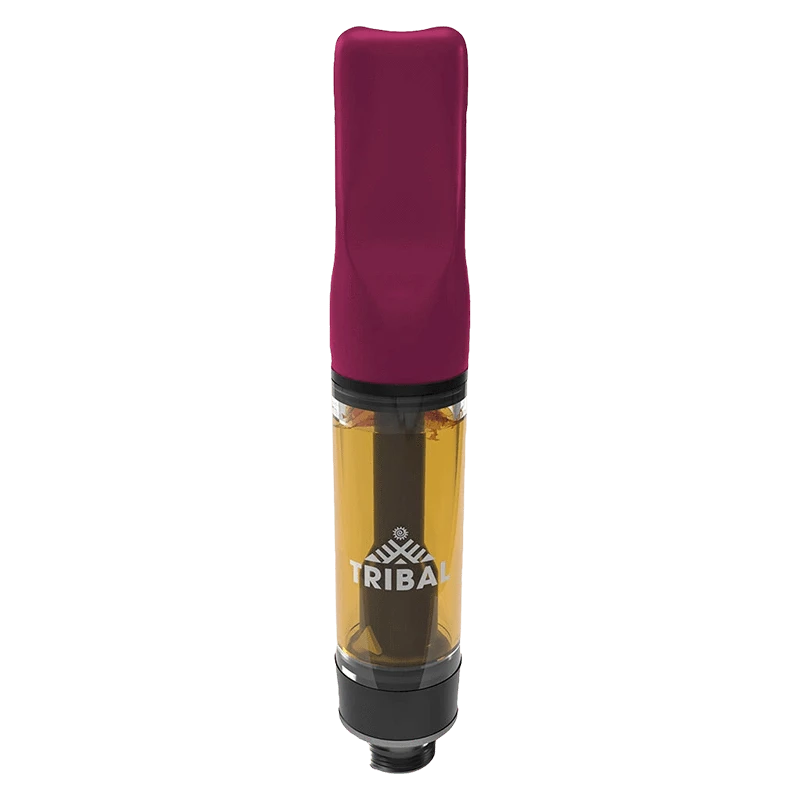 Straight-on view of a Porto Leche Live Resin Vape Cartridge with a maroon mouthpiece and amber-filled tank showing the Tribal logo.