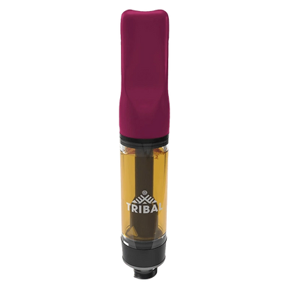 Straight-on view of a Porto Leche Live Resin Vape Cartridge with a maroon mouthpiece and amber-filled tank showing the Tribal logo.