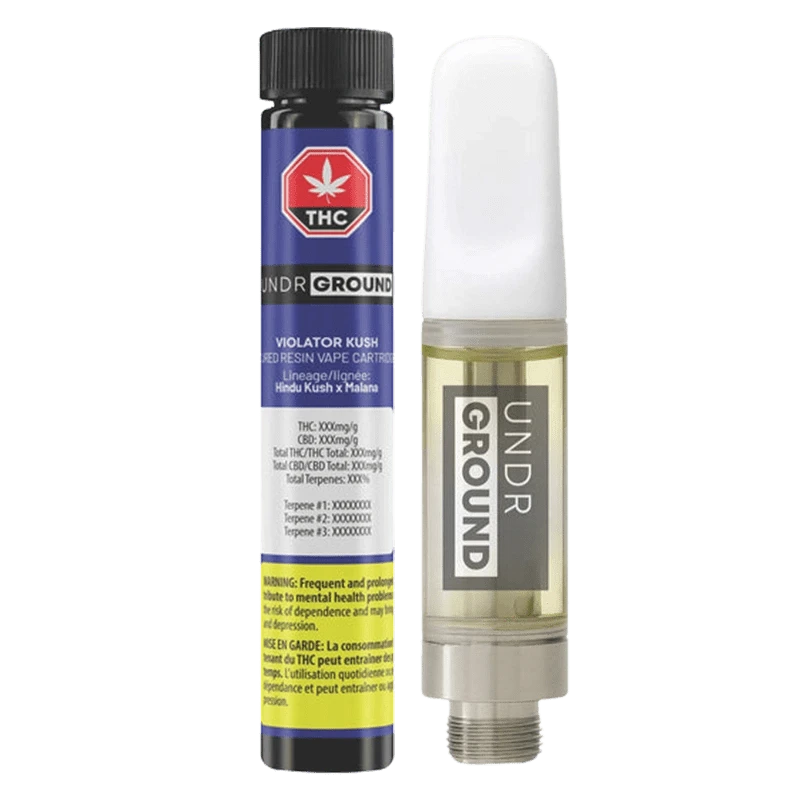 Front-facing photo of an UNDR GROUND Violator Kush Cured Resin Vape Cartidge beside its blue warning tube, showing the cartridge's clear oil chamber and white mouthpiece.