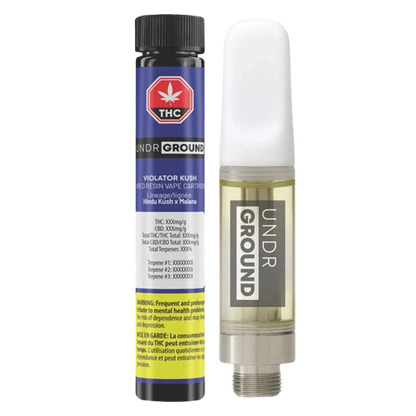 Front-facing photo of an UNDR GROUND Violator Kush Cured Resin Vape Cartidge beside its blue warning tube, showing the cartridge's clear oil chamber and white mouthpiece.