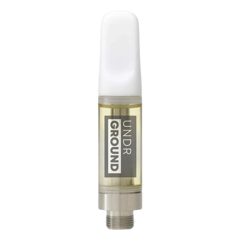Center-aligned close-up of a clear cartridge filled with pale golden oil featuring the Violator Kush Cured Resin Vape Cartidge label and a white mouthpiece.