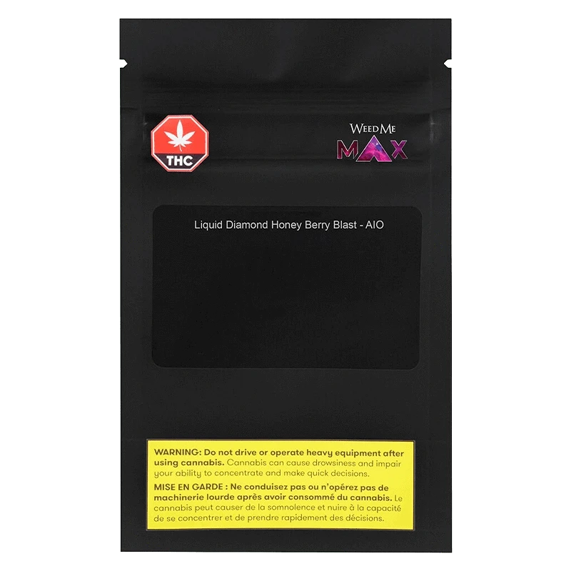 Front-facing shot of the black pouch packaging labeled Honey Berry Blast Liquid Diamond Disposable Vape with a red THC maple symbol and yellow warning box at the bottom