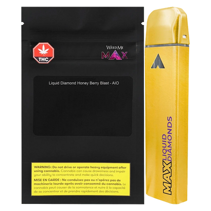 Angled view of the Honey Berry Blast Liquid Diamond Disposable Vape showing a gold pod device standing beside its black resealable pouch with warning label.