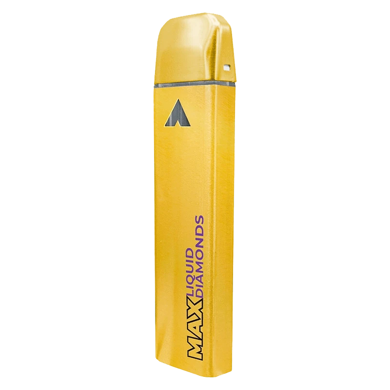 Straight-on view of the yellow Honey Berry Blast Liquid Diamond Disposable Vape standing upright, showing its slim rectangular body and printed logo.
