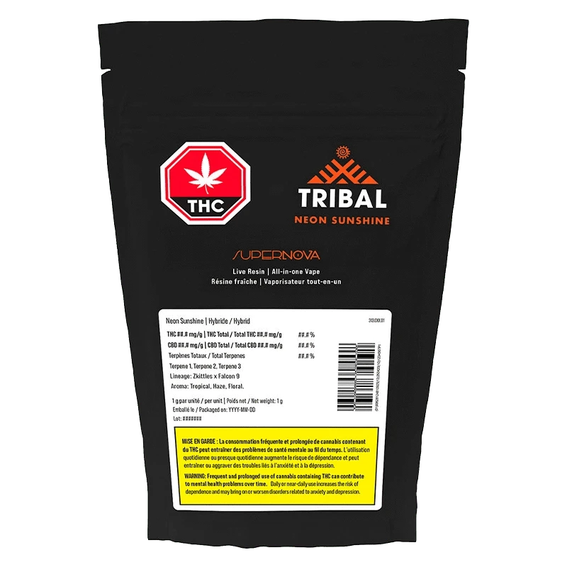 Rear view of the Tribal Neon Sunshine Supernova Disposable Vape pouch showing a black resealable bag with orange logo, THC stop sign, and white label.