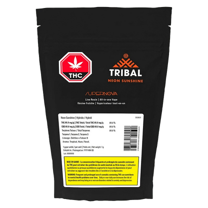 Rear view of the Tribal Neon Sunshine Supernova Disposable Vape pouch showing a black resealable bag with orange logo, THC stop sign, and white label.