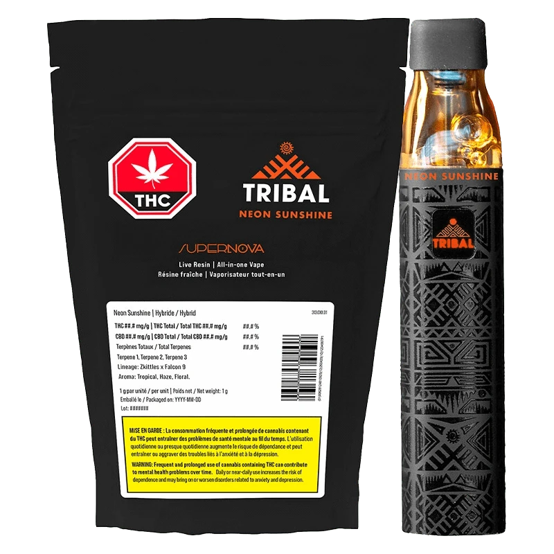 Studio-lit front view of the Tribal Neon Sunshine Supernova Disposable Vape showing its patterned black and gold device standing beside the branded black pouch.