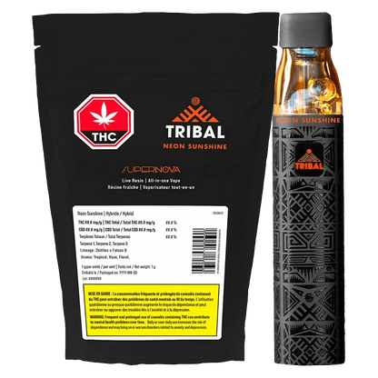 Studio-lit front view of the Tribal Neon Sunshine Supernova Disposable Vape showing its patterned black and gold device standing beside the branded black pouch.