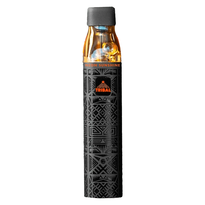 Straight-on view of a black patterned Neon Sunshine Supernova Disposable Vape with an amber translucent top and matte black mouthpiece.