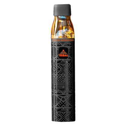 Straight-on view of a black patterned Neon Sunshine Supernova Disposable Vape with an amber translucent top and matte black mouthpiece.
