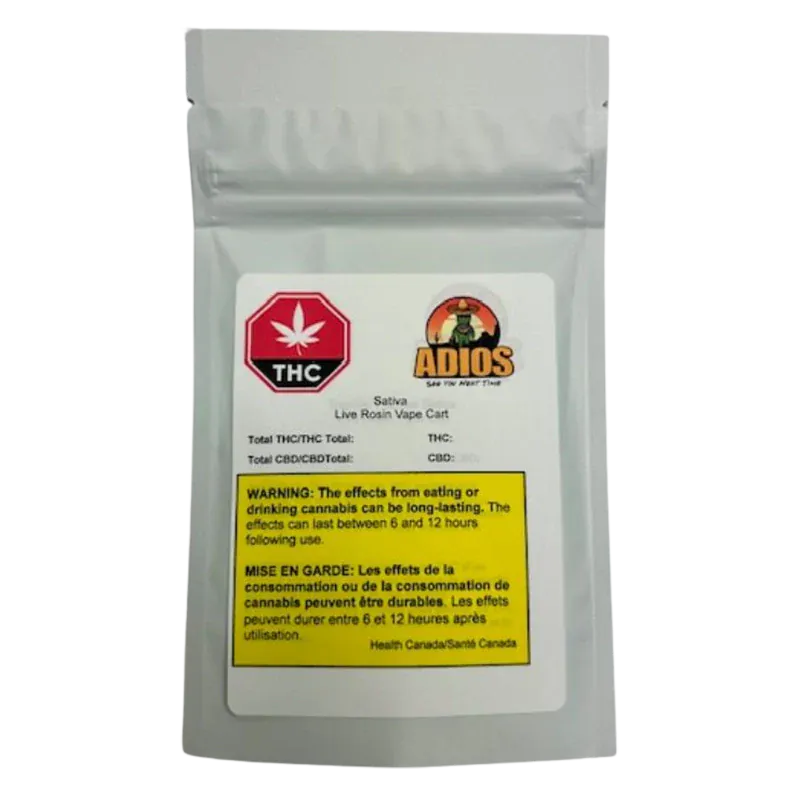 Front-facing photo of a silver pouch labeled "Adios Sativa Live Rosin Vape Cartridge" with THC symbol and yellow warning box.