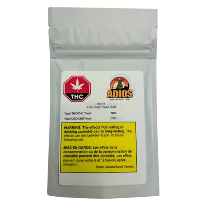 Front-facing photo of a silver pouch labeled "Adios Sativa Live Rosin Vape Cartridge" with THC symbol and yellow warning box.