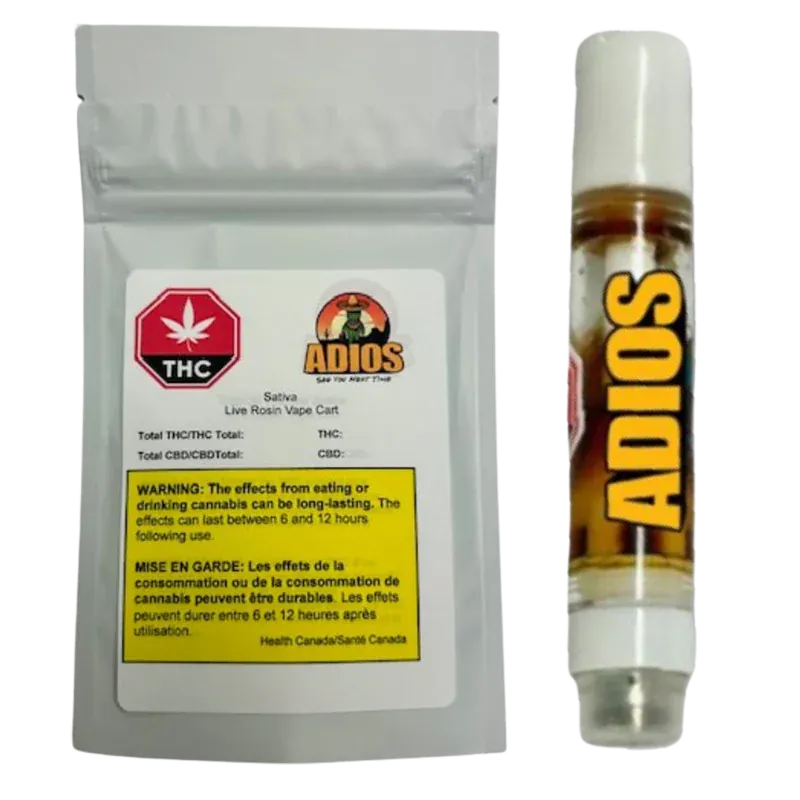 Front-on view of the Sativa Live Rosin Vape Cartridge and its silver foil pouch, the cartridge showing amber oil and a vertical ADIOS label.
