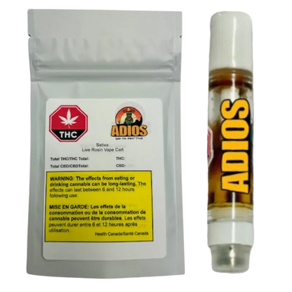 Front-on view of the Sativa Live Rosin Vape Cartridge and its silver foil pouch, the cartridge showing amber oil and a vertical ADIOS label.