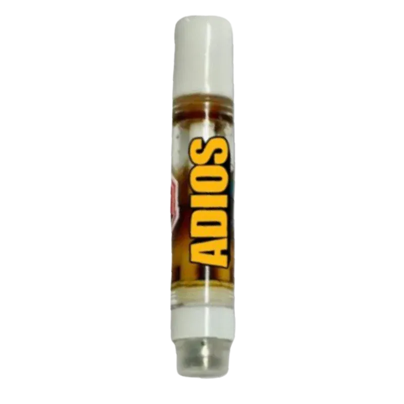 Vertical close-up of a Sativa Live Rosin Vape Cartridge showing amber oil in a clear tube with bold yellow "ADIOS" lettering.