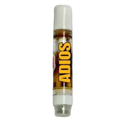 Vertical close-up of a Sativa Live Rosin Vape Cartridge showing amber oil in a clear tube with bold yellow "ADIOS" lettering.