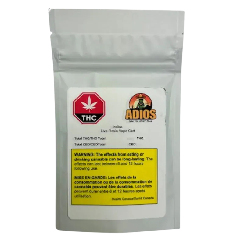 Front-facing shot of the Indica Live Rosin Vape Cartridge in a silver resealable pouch with a warning label and ADIOS logo.