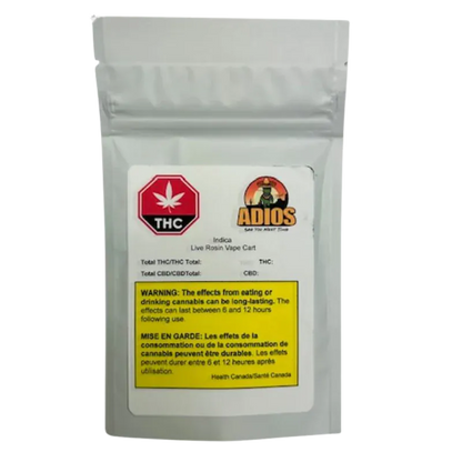 Front-facing shot of the Indica Live Rosin Vape Cartridge in a silver resealable pouch with a warning label and ADIOS logo.