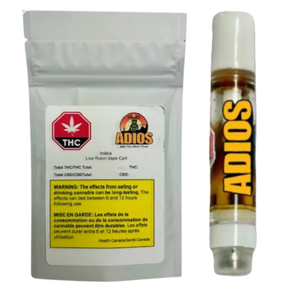 Front-facing shot of the Indica Live Rosin Vape Cartridge pouch and clear 1 g cartridge, the cartridge labeled "ADIOS" vertically.