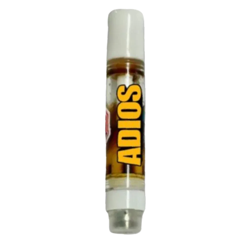 Vertical close-up of an Indica Live Rosin Vape Cartridge showing amber oil inside a clear tube with bold yellow "ADIOS" lettering and white caps.