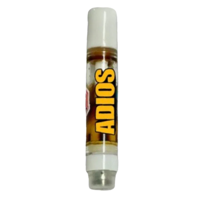 Vertical close-up of an Indica Live Rosin Vape Cartridge showing amber oil inside a clear tube with bold yellow "ADIOS" lettering and white caps.