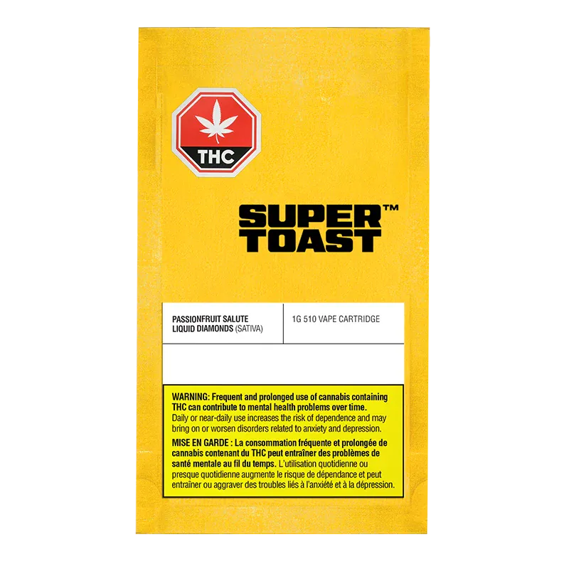 Front-facing shot of a yellow Super Toast pouch labeled "Passionfruit Salute Liquid Diamonds Disposable Vape" with a red THC maple icon and black warning block at the bottom.