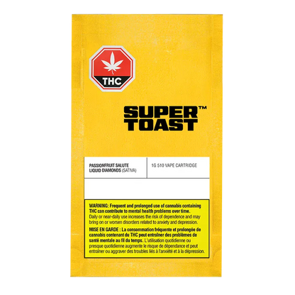 Front-facing shot of a yellow Super Toast pouch labeled "Passionfruit Salute Liquid Diamonds Disposable Vape" with a red THC maple icon and black warning block at the bottom.