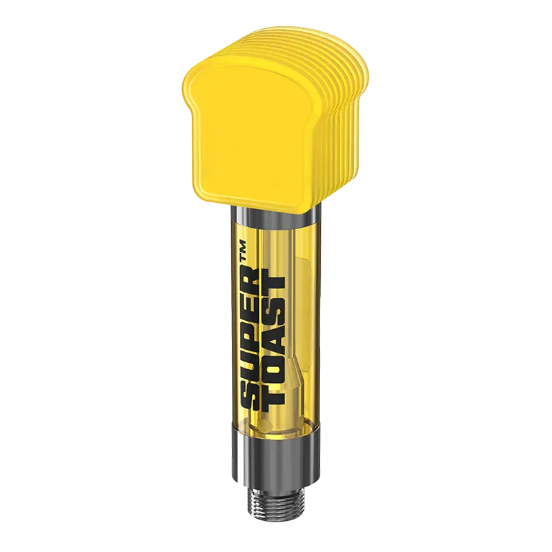 Close-up front view of a yellow-topped Passionfruit Salute Liquid Diamonds Disposable Vape with a transparent cartridge labeled SUPER TOAST.