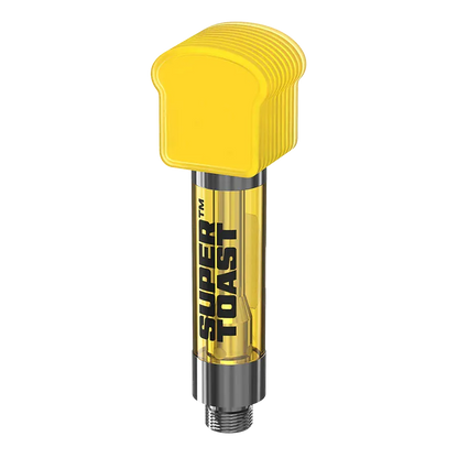 Close-up front view of a yellow-topped Passionfruit Salute Liquid Diamonds Disposable Vape with a transparent cartridge labeled SUPER TOAST.