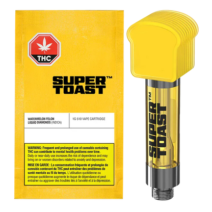 Right-side view of the Watermelon Felon Liquid Diamonds Vape Cartridge by Super Toast showing the yellow cartridge cap and branded glass chamber.