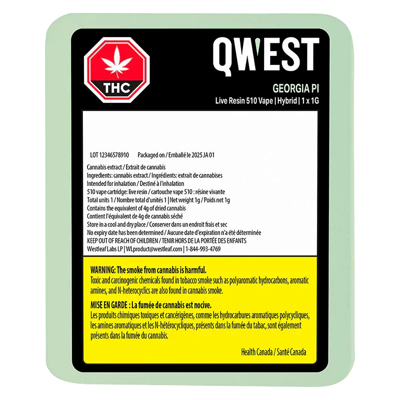 Square front-facing product label showing the QWEST Georgia Pi Live Resin Vape Cartridge box with black header, white text panel, and yellow warning block.
