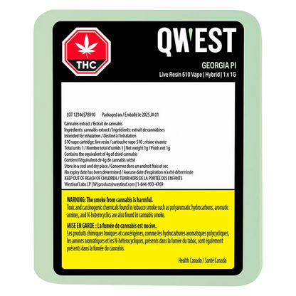 Square front-facing product label showing the QWEST Georgia Pi Live Resin Vape Cartridge box with black header, white text panel, and yellow warning block.