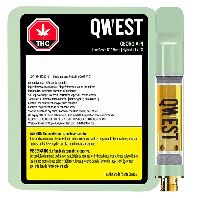 Top-down view of the QWEST Georgia Pi Live Resin Vape Cartridge package with a mint-green tray, black label panels, and a gold cartridge visible on the right.