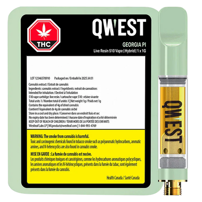 Top-down view of the QWEST Georgia Pi Live Resin Vape Cartridge package with a mint-green tray, black label panels, and a gold cartridge visible on the right.
