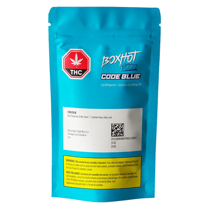 Rear view of a standing blue pouch labeled "Code Blue Vape Cartridge" with a THC logo, product text block, and warning panel.