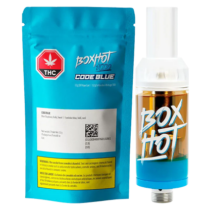 Front-facing shot of the Code Blue Vape Cartridge and its bright blue BoxHot 1000 pouch, showing the cartridge's clear tank and white mouthpiece.