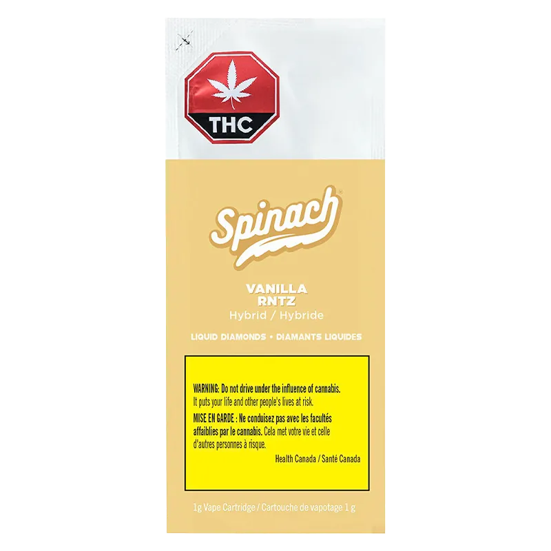 Centered front view of the Vanilla RNTZ Liquid Diamonds Vape Cartridge packaging showing the Spinach logo on a pale yellow panel with a red THC symbol at top.