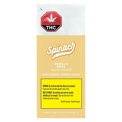Centered front view of the Vanilla RNTZ Liquid Diamonds Vape Cartridge packaging showing the Spinach logo on a pale yellow panel with a red THC symbol at top.