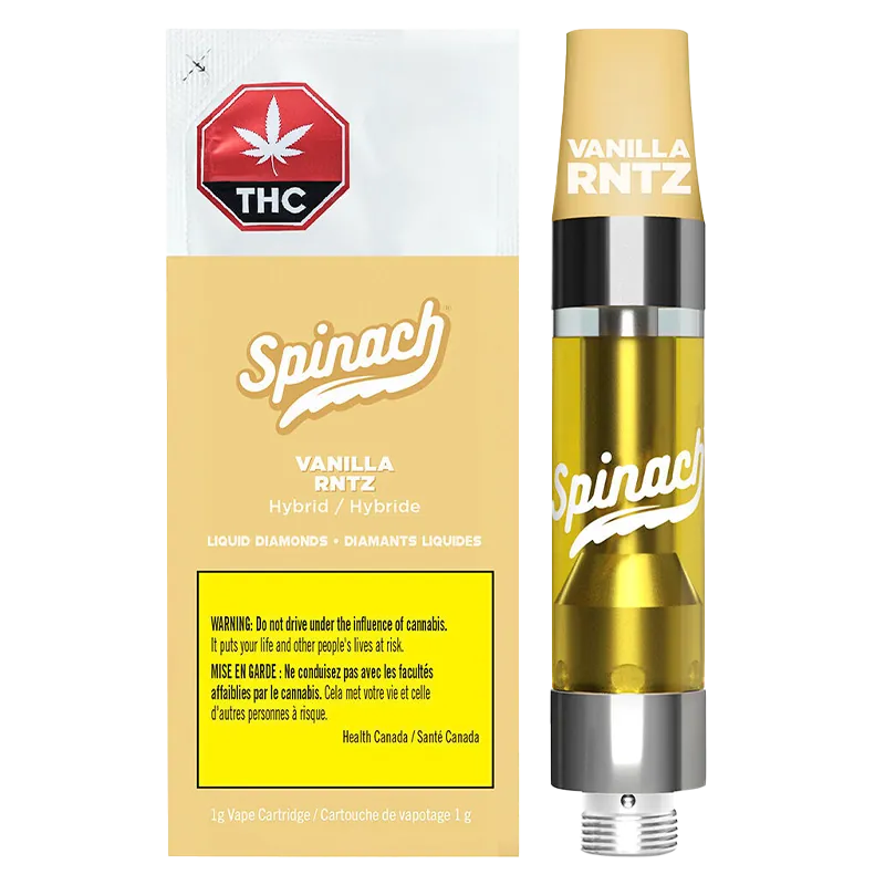 Front-facing image of the Vanilla RNTZ Liquid Diamonds Vape Cartridge showing the clear gold oil chamber and beige branded cap.