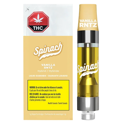 Front-facing image of the Vanilla RNTZ Liquid Diamonds Vape Cartridge showing the clear gold oil chamber and beige branded cap.